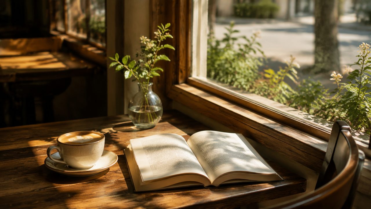 書店の一角に設けられたカフェの席と、テーブルに置かれた本とコーヒー