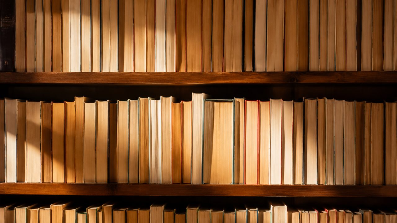 手のひらにのる文庫本と、古本屋の文庫棚