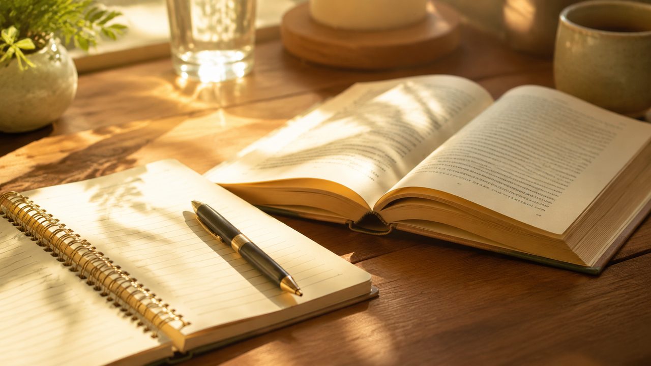 机の上に広げた読書ノートと、付箋を挟んだ本
