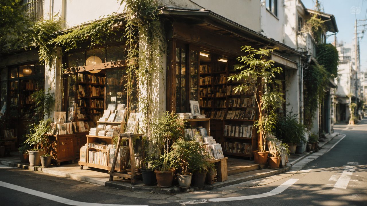 夕暮れの街に明かりが灯る書店のショーウインドー