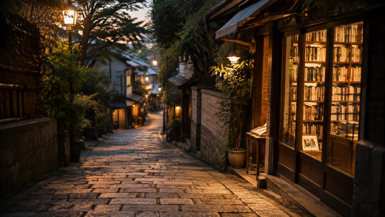 神楽坂の石畳の坂道と、路地にのれんを掲げる小さな店