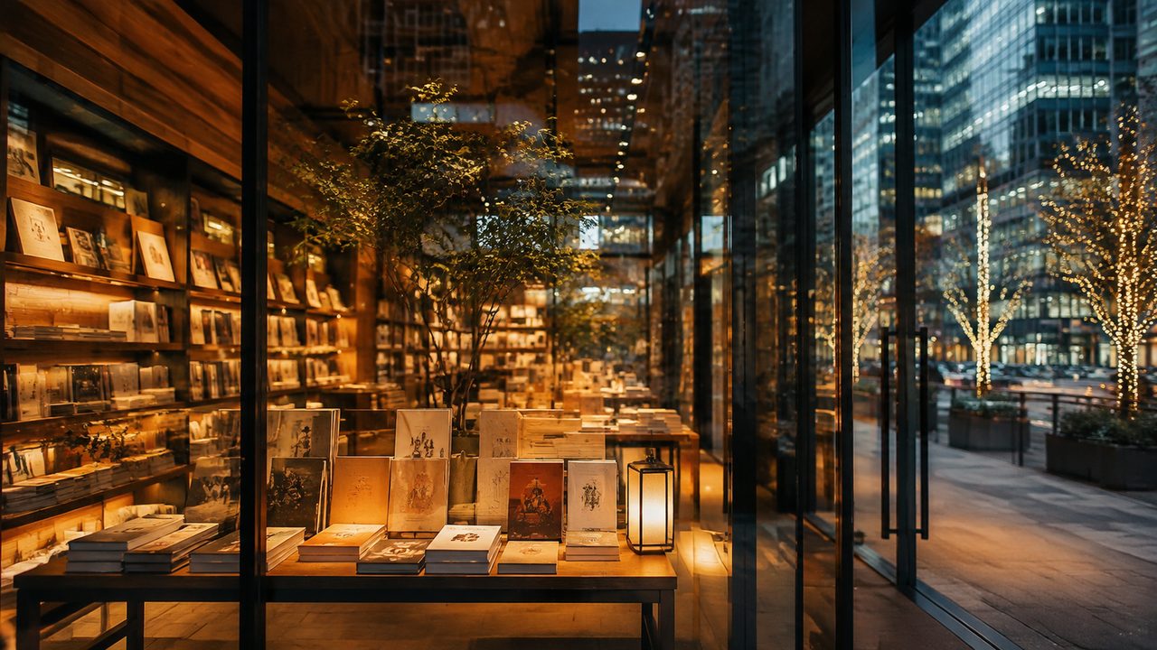 丸の内のビルに広がる書店のフロアと、窓の外のオフィス街