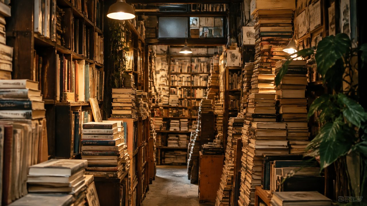 中野ブロードウェイの地下に並ぶ古本屋の棚と、通路に積まれた本の山