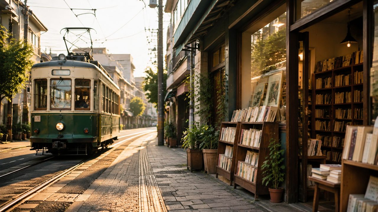 世田谷線の電車が線路沿いの街を走る風景と、商店街の看板