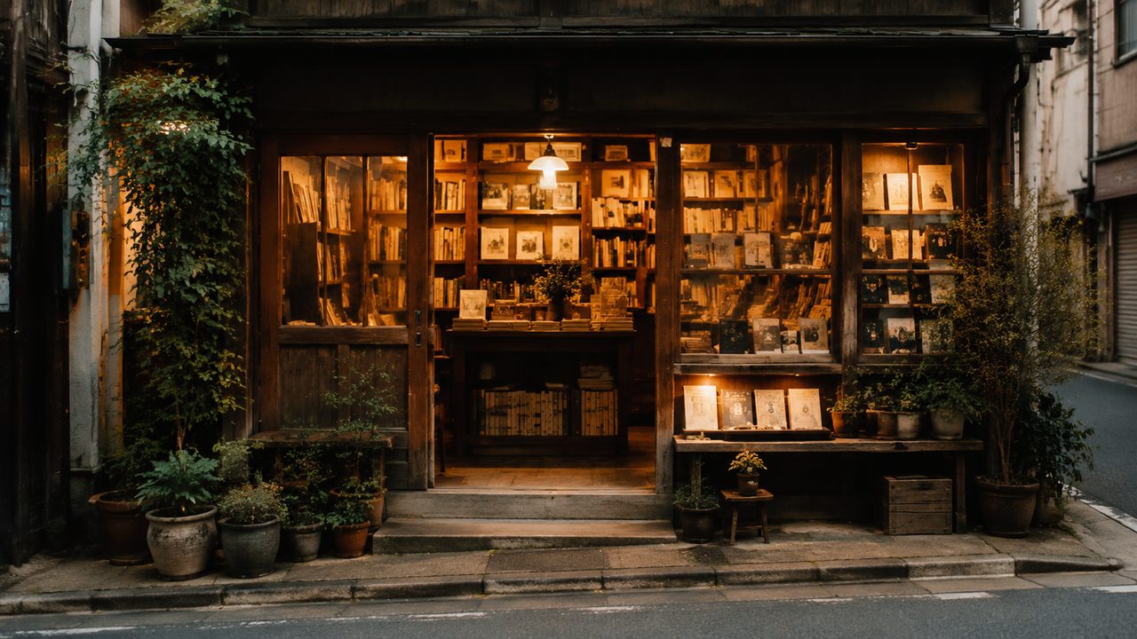 下北沢の路地に並ぶ小さな書店の看板と、夕暮れの街灯