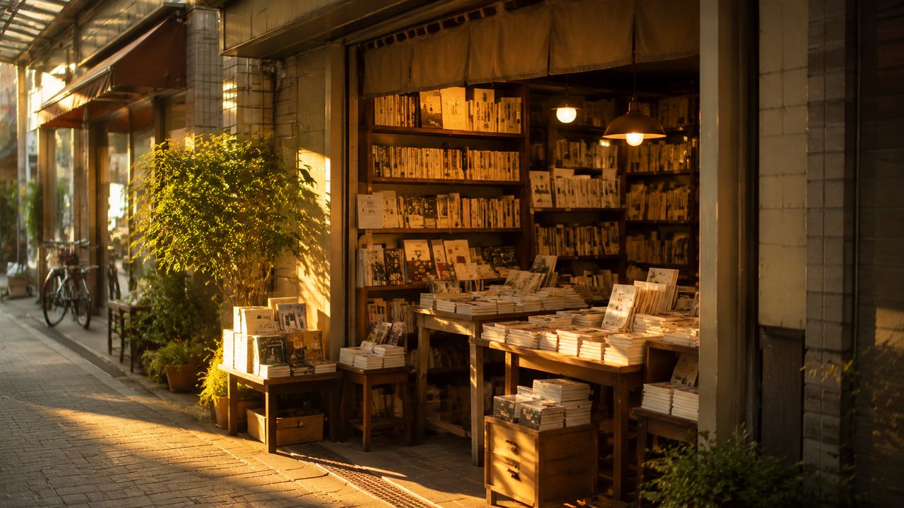 郊外の駅前に建つ個人書店の看板と、のどかな商店街の風景