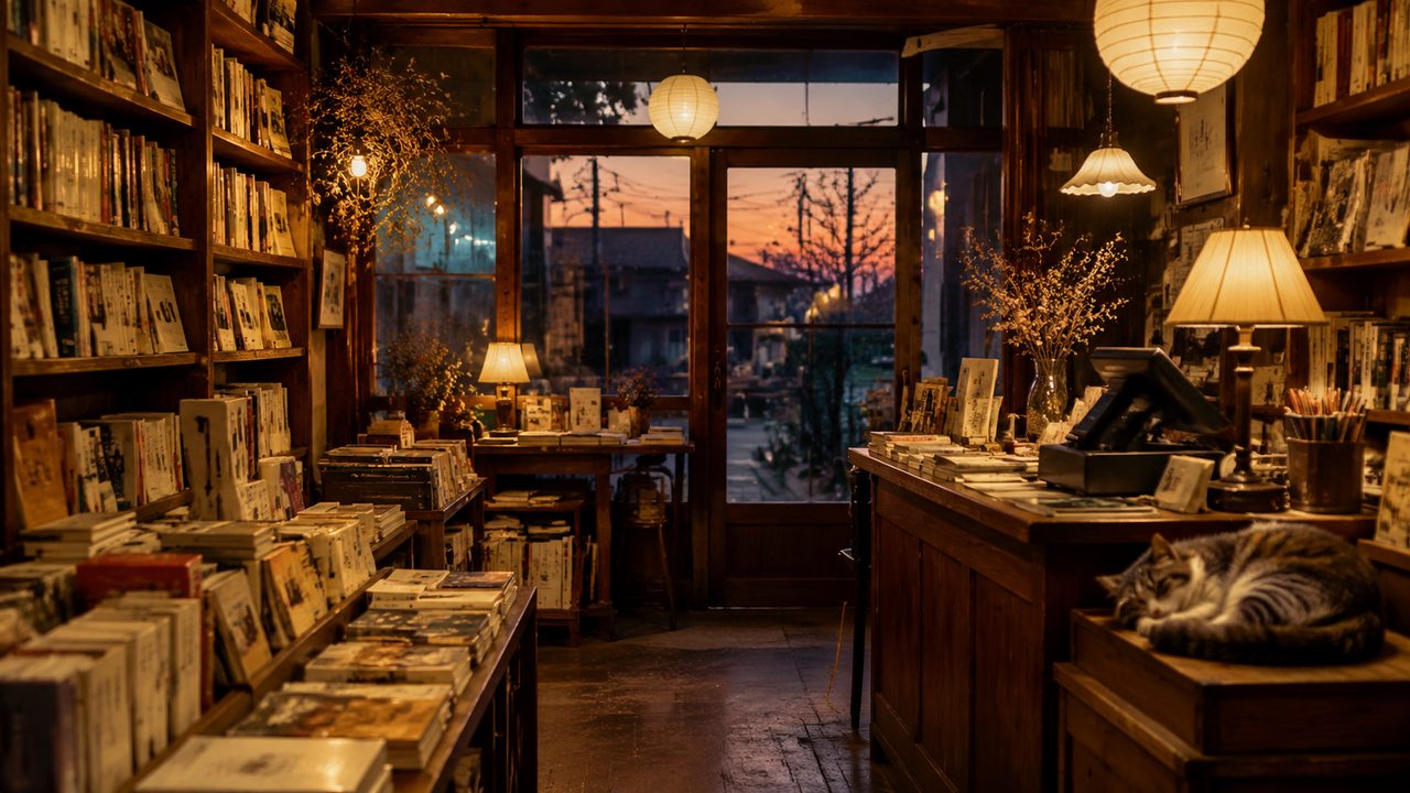 木の棚に本が並ぶ、あたたかい灯りの東京の本屋の店内