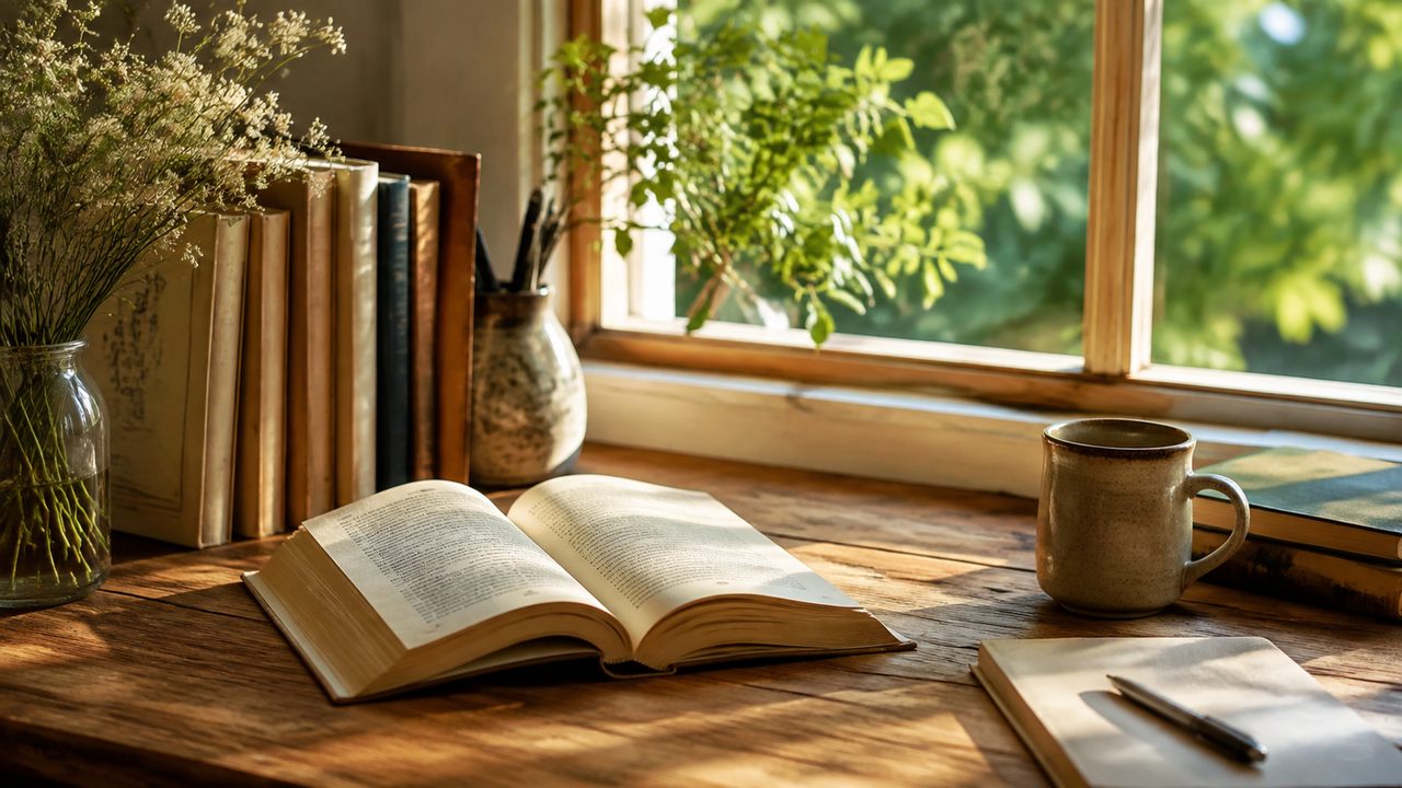 夕暮れの書店の店内で、椅子に座って本を読む人の姿