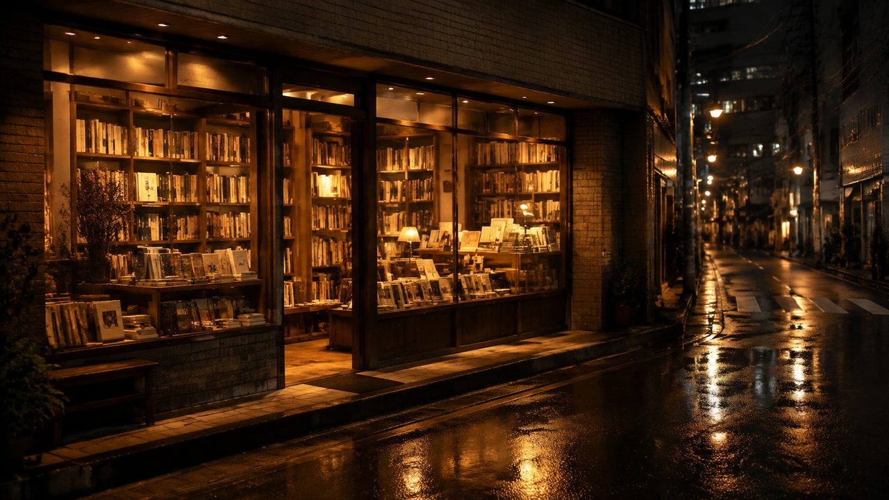 夜の書店の明かりが灯る店先と、ガラスに映る街の灯り